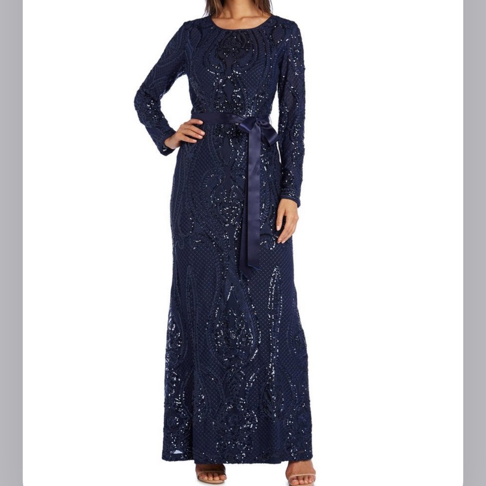 R&M RICHARDS LONG SLEEVE EMBROIDERY SEQUIN FORMAL MAXI DRESS GOWN 12